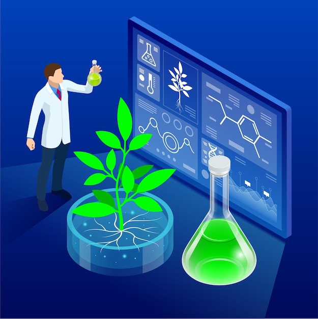 Вектор Изометрическая концепция лаборатории, изучающей новые методы селекции растений и сельскохозяйственной генетики растения, растущие в пробирках органическое пищевое сельское хозяйство и гидропоника