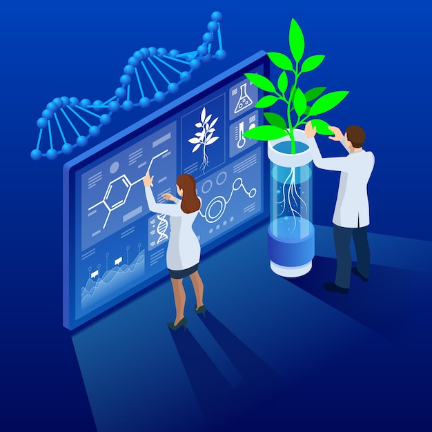 Вектор Изометрическая концепция лаборатории, изучающей новые методы селекции растений и сельскохозяйственной генетики растения, растущие в пробирках