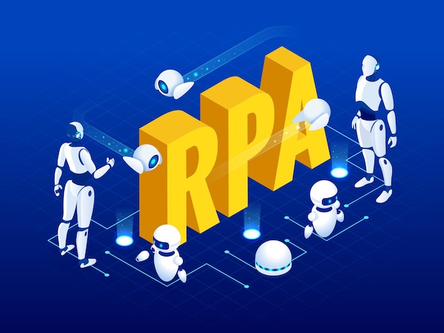 Isometric concept of RPA artificial intelligence robotics process automation ai in fintech or machine transformation
