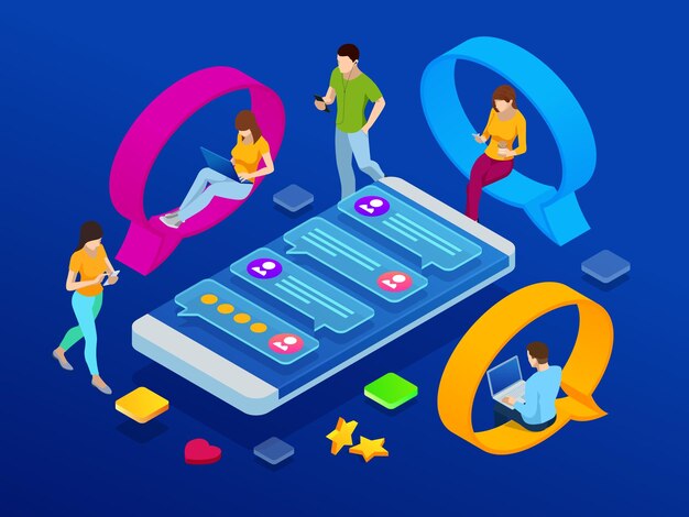 Vector isometric concept of social media network digital communication chatting online chat man and woman app icons chat messages notification on smartphone