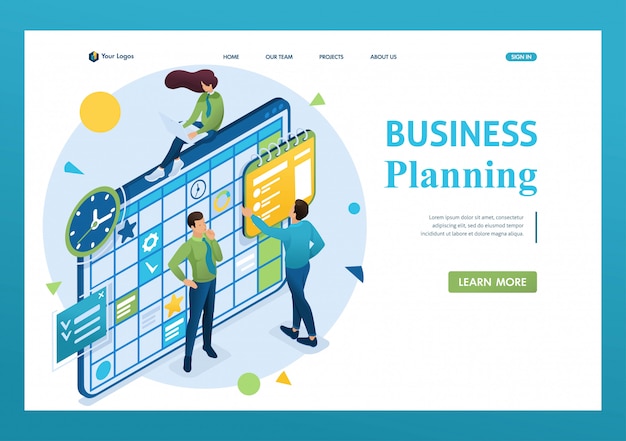 Isometric concept of the team working on the business plan, employees fill in the calendar fields. 3d isometric. landing page concepts and web design