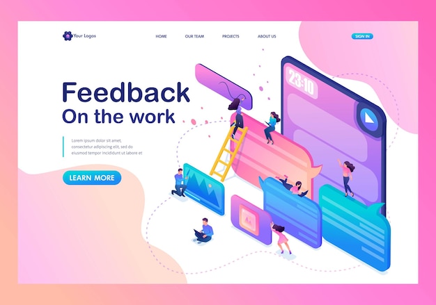 Isometric concept users write comments recall and feedback about services Template Landing page