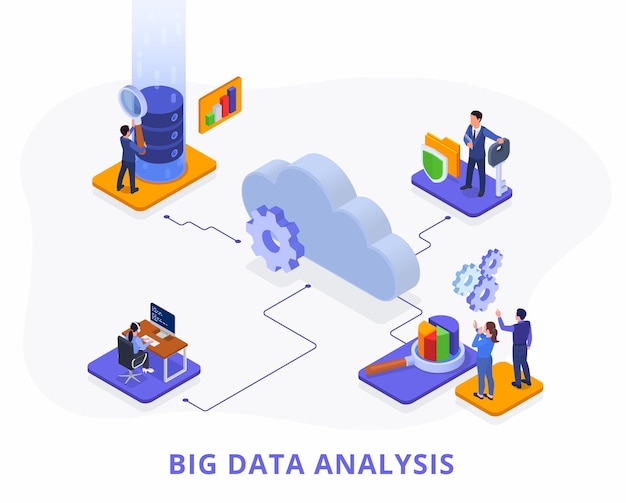 Il concetto isometrico con l'illustrazione di vettore dei simboli di professione dell'analista di big data