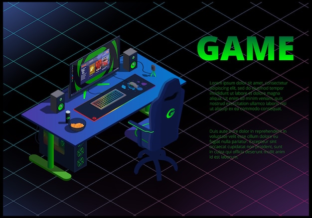 Vector isometric concept with gaming computer and cybersport equipment.