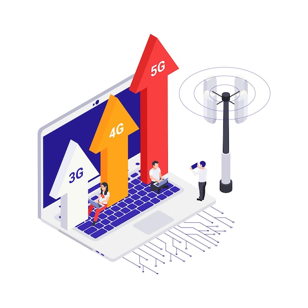 노트북과 빠른 5g 인터넷 벡터 일러스트레이션을 사용하는 사람들이 있는 아이소메트릭 개념