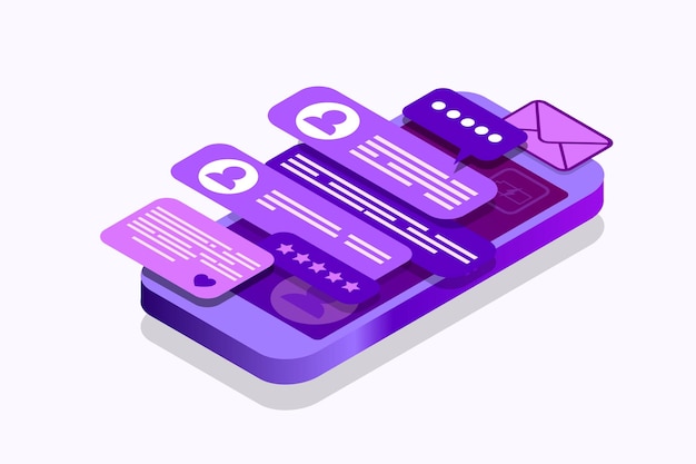 Isometric concept with mobile phone and chat Chatting sending and receiving messages and sms Online conversation Social network Vector illustration EPS