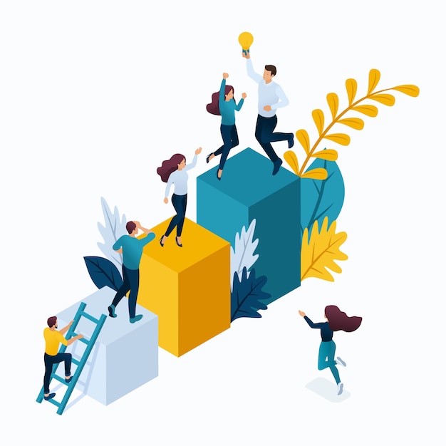 Isometric concept young entrepreneurs in office, start up project, successful business, ladder to success. modern illustration concepts for website