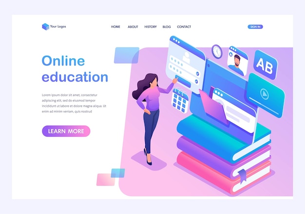 Vector isometric concept young girl uses the tablet for online learning template landing page for website