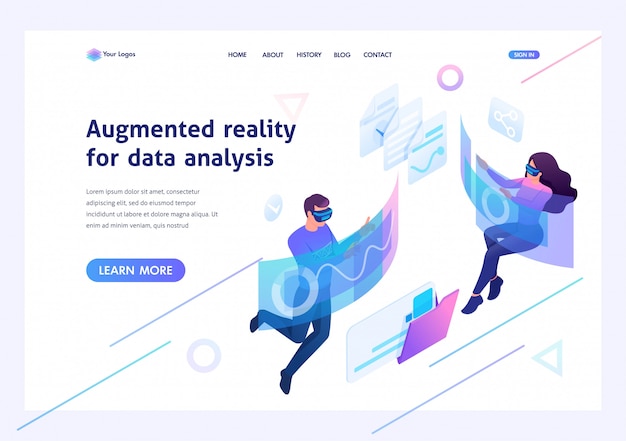 Isometric concept young people use augmented reality and virtual glasses for data analysis.template landing page for website