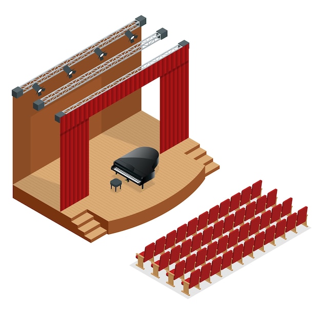 Vector isometric concert stage and black grand piano at spot light. podium concert stage. performance show entertainment, scene and event. vector illustration