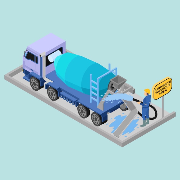 Isometric concrete washout area with concrete truck