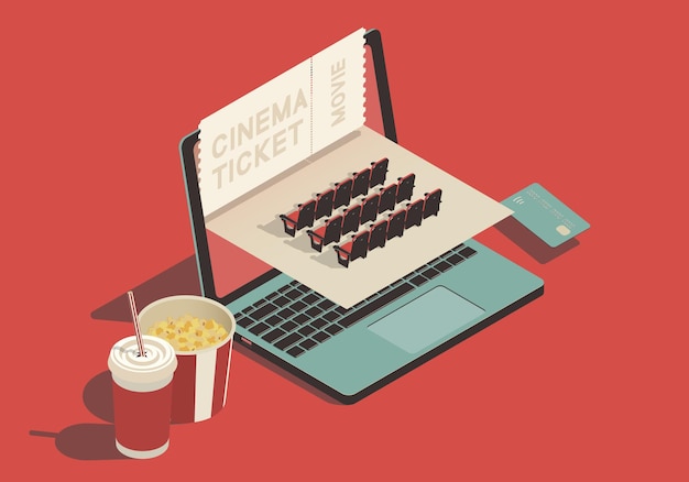 Вектор Изометрический концепт на тему покупки билетов в кино онлайн с ноутбуком