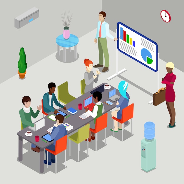 Isometric Conference Room Business Presentation with People.
