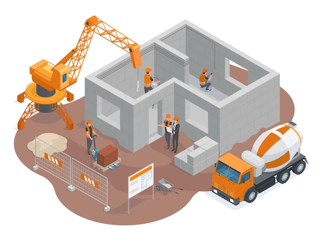 Isometric construction building yard ground workers and cranes trucks Building construction equipment and cranes vector illustration Construction architecture elements