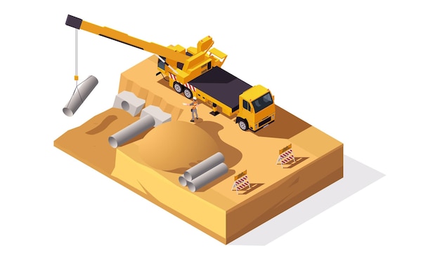 Vector isometric construction site with crane truck worker and concrete pipes on a white background vector illustration of a building concept vector illustration