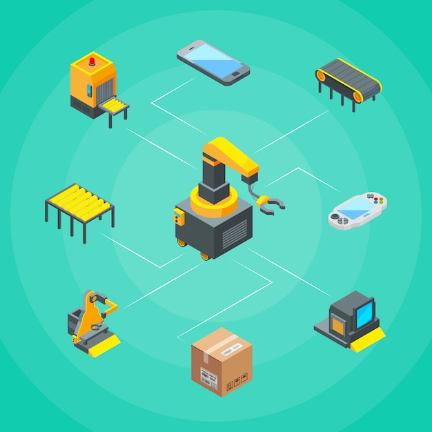 Isometric conveyor elements infographics concept