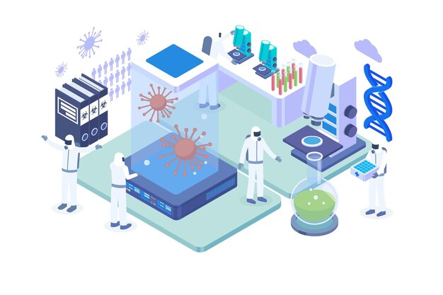 Isometric corona virus research vector concept