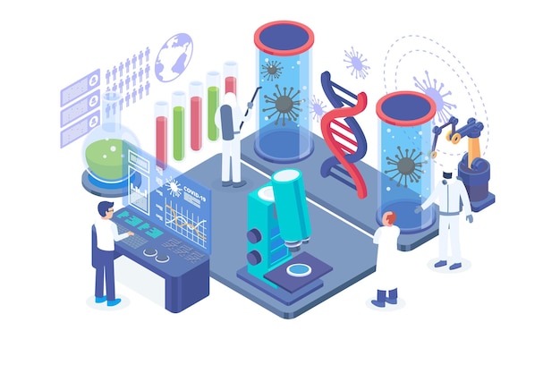 Isometric corona virus research vector concept