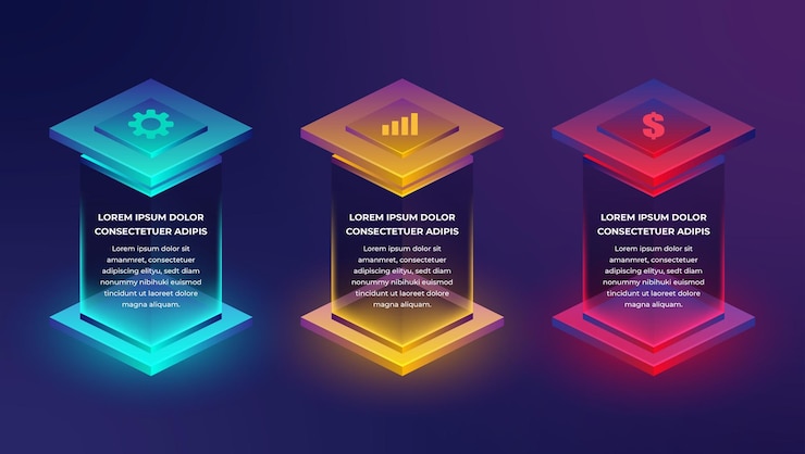 Vector isometric corporate neon 3 pointers infographics