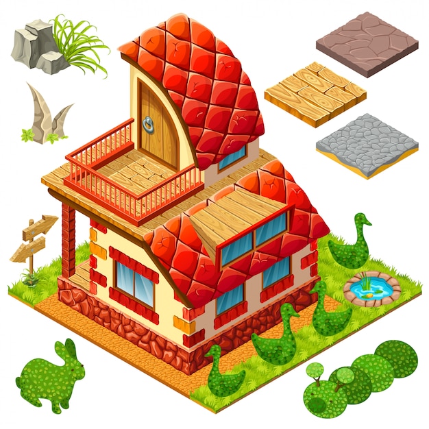 Isometric cottage and bushes in forms of animals.