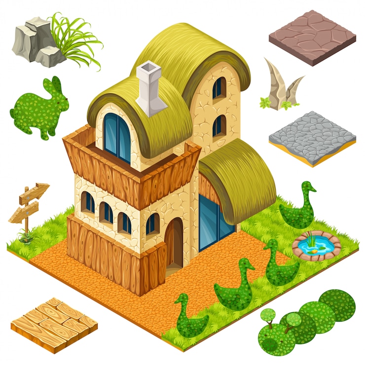 Vector isometric cottage and bushes in forms of animals