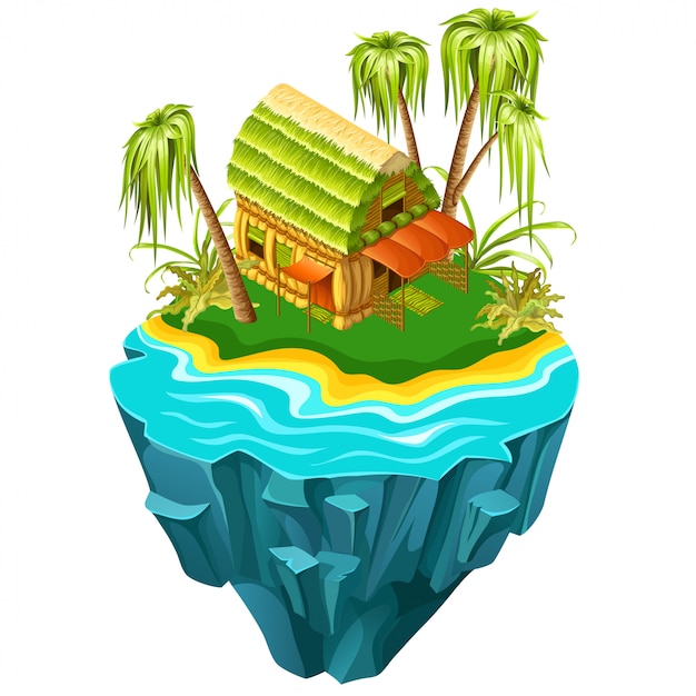 Vector isometric cottage on island in sea.