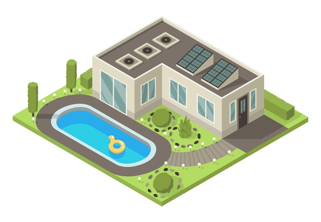 Isometric cottage suburb house composition with swimming pool and lawn vector illustration infographic element representing suburban building private house enterprises of real estate