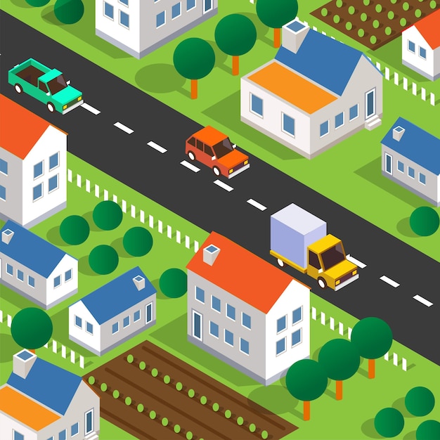 Vector isometric country side village landscape