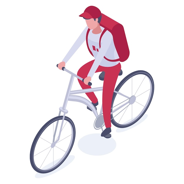 Isometric courier driving bike Delivery service worker courier character receiving parcels isolated flat vector illustration on white background