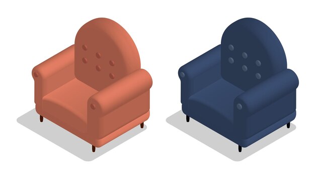 벡터 이소메트릭: tv를 보고 집에서 휴식을 취할 수 있는 편안한 가정 의자, 가구, 현실적인 3d