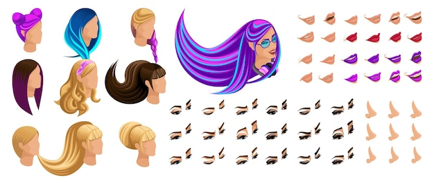 Vector isometric create emotions for young girl set beautiful hairstyles and emotions