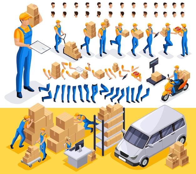isometric create your boy in delivery service kit hairstyles gestures of hands and feet emotions
