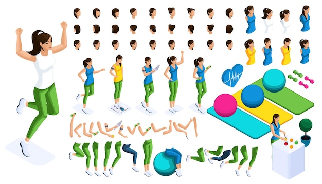 Vector isometric create your girl athlete kit hairstyles gestures of hands and feet different emotions