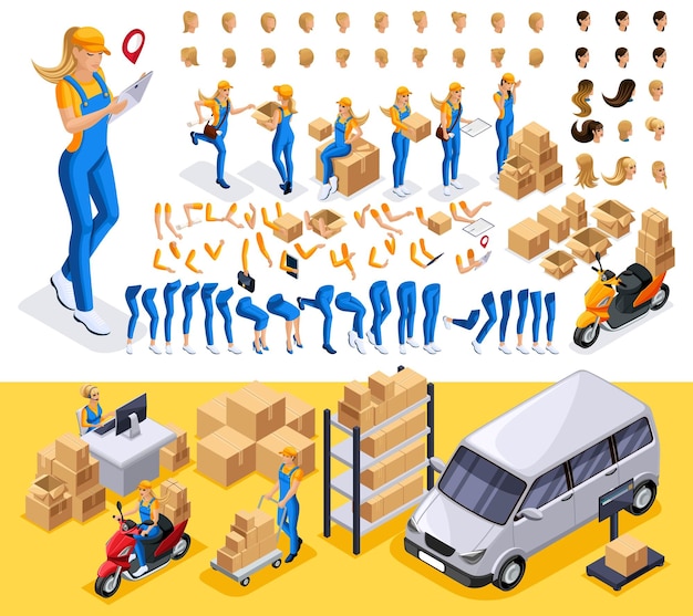 Isometric Create your girl in delivery service Kit hairstyles gestures of hands and feet