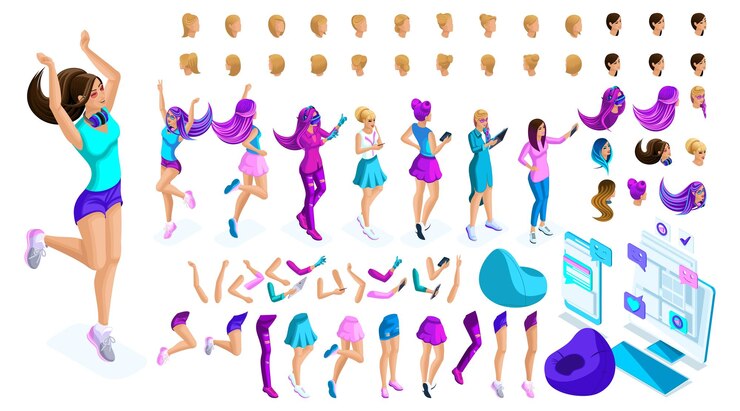 Vector isometric create your girl kit hairstyles gestures of hands and feet different emotions