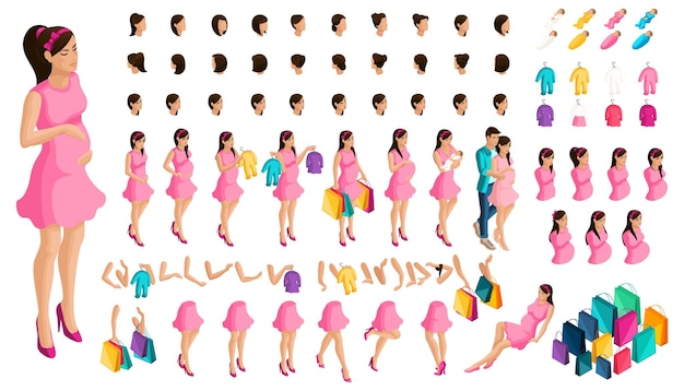 Isometric create your pregnant mother Set hairstyles and emotions hands feet