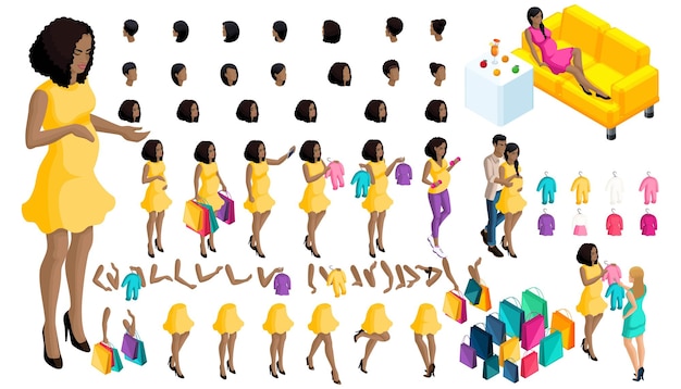 isometric create your pregnant mother set hairstyles and emotions hands feet