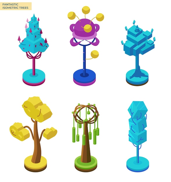 Isometric Creative Fantastic Trees Isolated On White