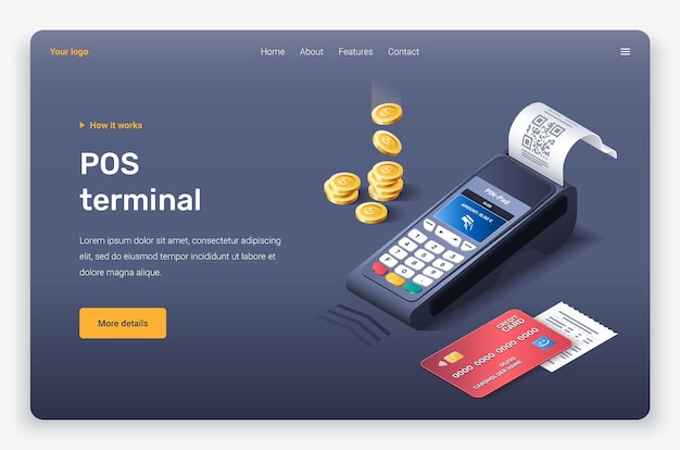 Isometric credit card, money, coins, check, invoice, POS terminal. Landing page template.