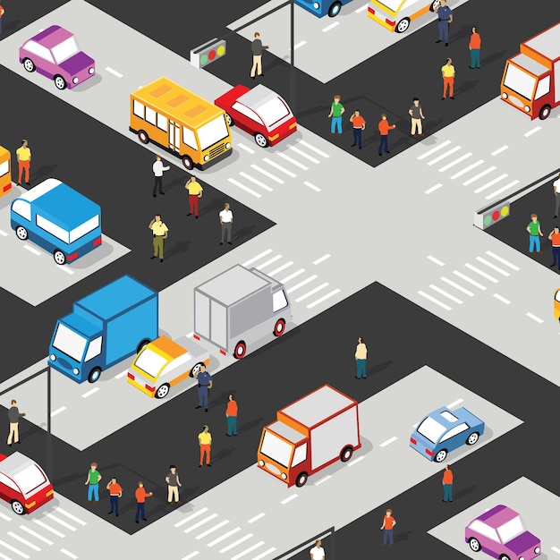 Vector isometric crossroads intersection of streets of highways with traffic
