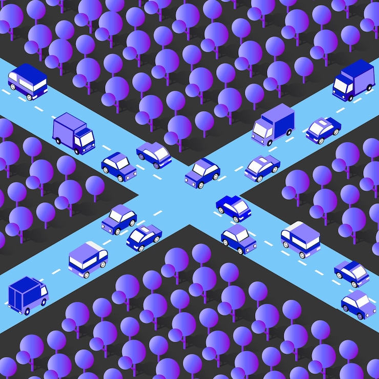Vector isometric crossroads vehicles from autobiles trucks vans