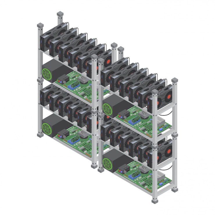 Vector isometric  crypto currency mining farms concept with graphic video cards isolated.