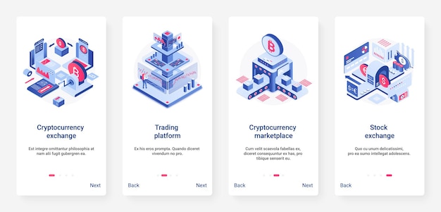 Isometric cryptocurrency exchange trading platform ux ui mobile app page screen set