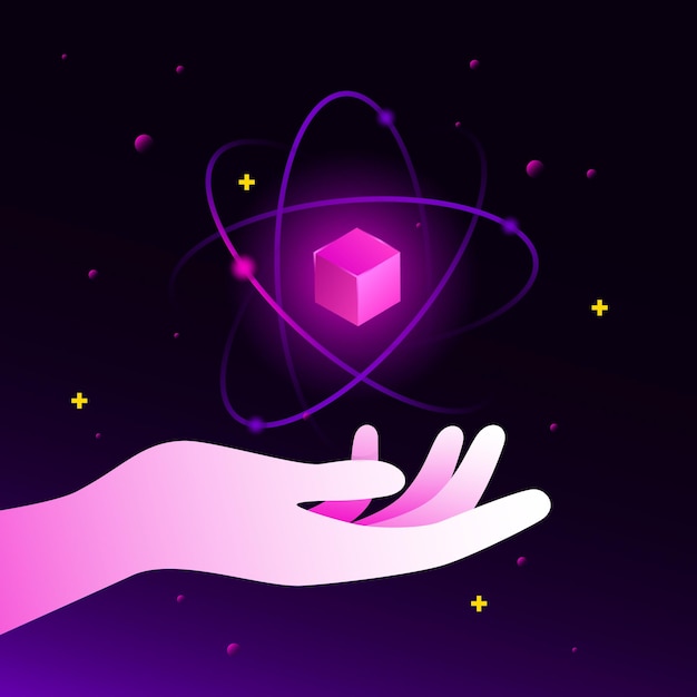 Vector isometric cube in atom in hand ai gradient illustration