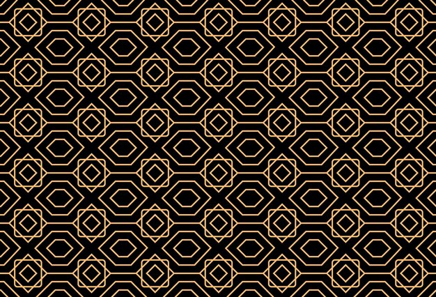 Isometric cube gold line seamless pattern on black background or Seamless gold line geometric shape