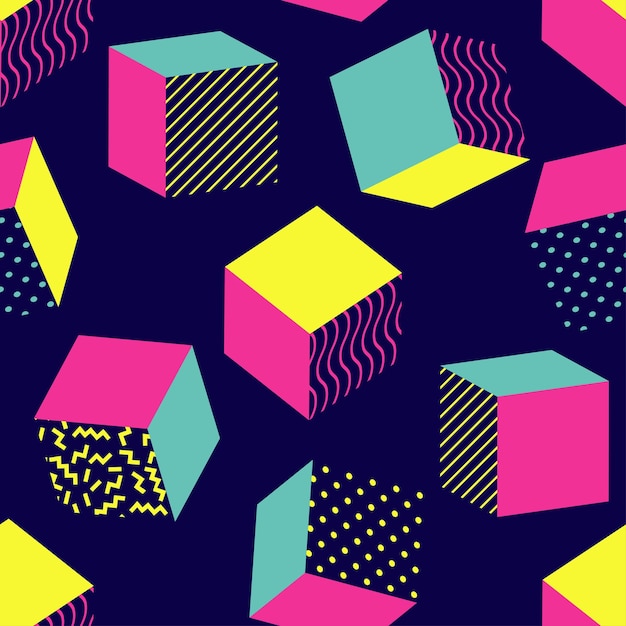 Isometric cubes with a Memphisstyle pattern make up a seamless pattern
