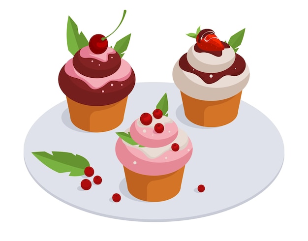 Vettore cupcakes isometrici muffin di pasticceria dolce deliziosi dessert al cioccolato e vaniglia con frutti di bosco set di illustrazioni vettoriali 3d