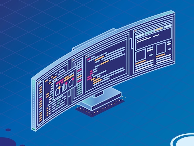 Isometric curved gaming monitor with open web pages and folders pc computer monoblock