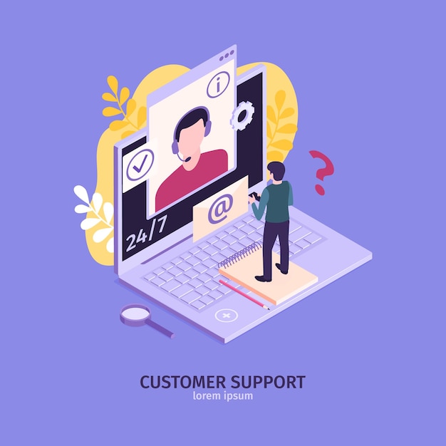 Isometric customer support faq composition with laptop computer and mail envelope