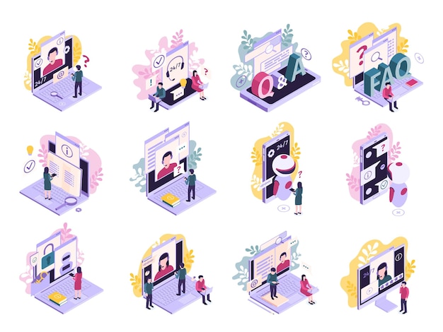 Vector isometric customer support faq set with isolated compositions of computer smartphone images text and human characters vector illustration